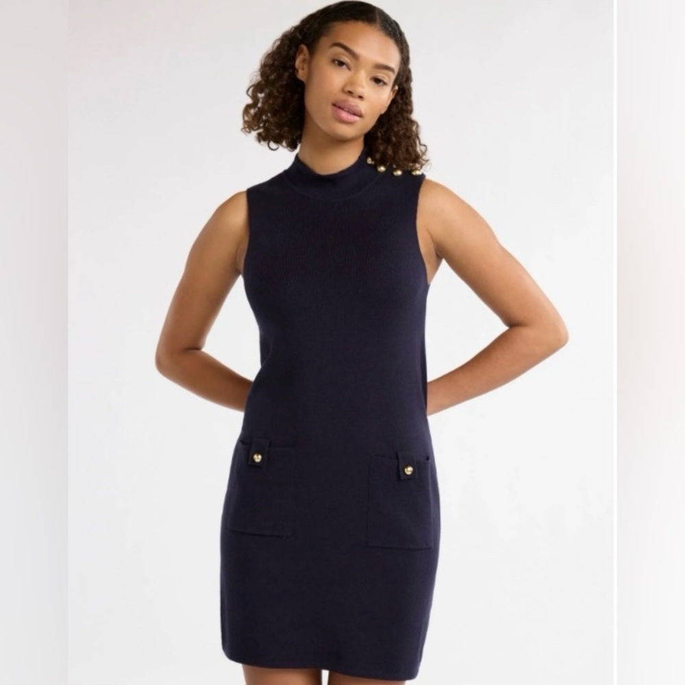 Navy Sleeveless Knit‎ Dress with Gold Button Accents